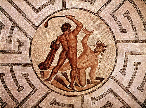 Mosaico de Teseo luchando contra el Minotauro se encuentra en el Museo Universidad de Friburgo, Suiza, Mosaico de Teseo luchando contra el Minotauro se encuentra en el Museo Universidad de Friburgo, Suiza,